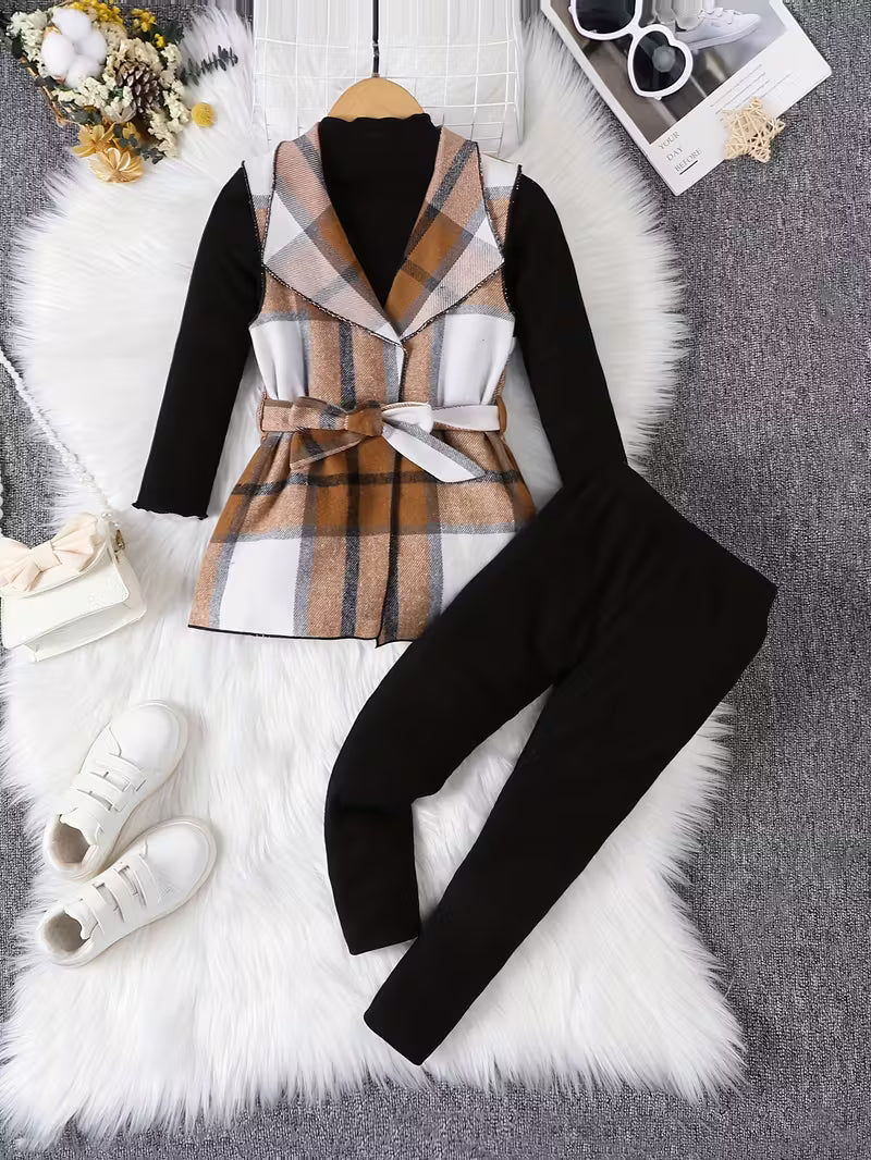 Kids Plaid Sleeveless Jacket + Pullover + Pants Set