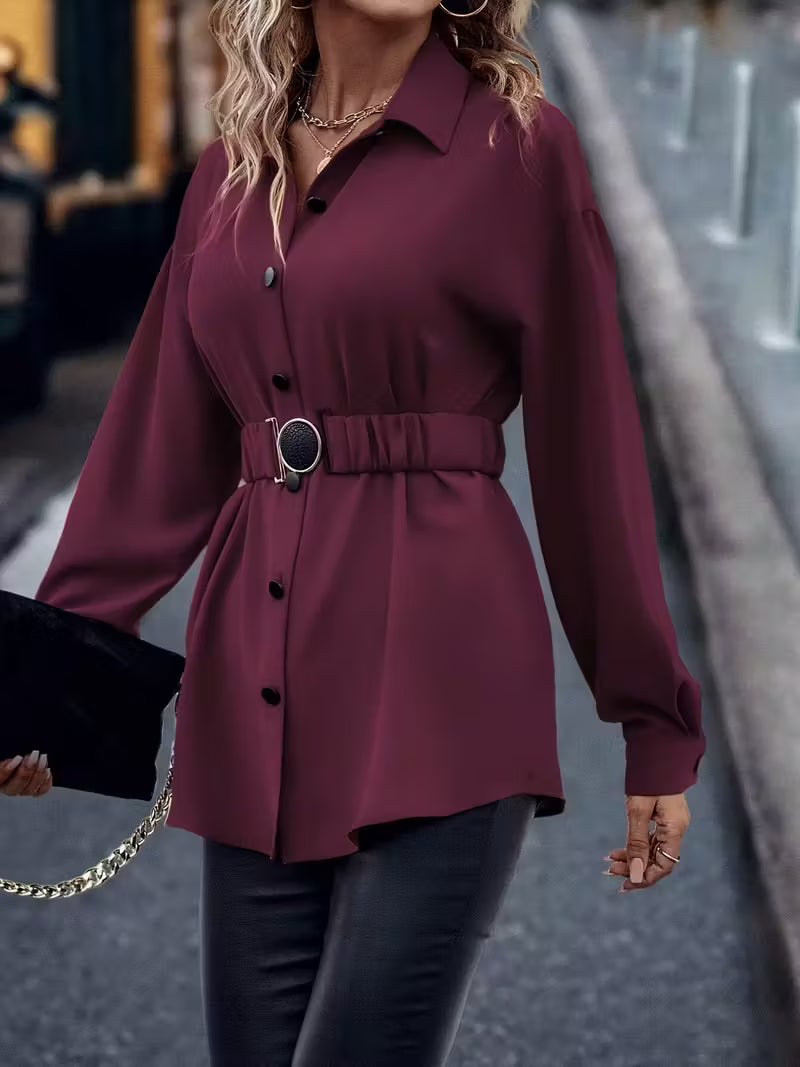 Women's Elegant Oversized Long Sleeve Shirt Jacket with Belt