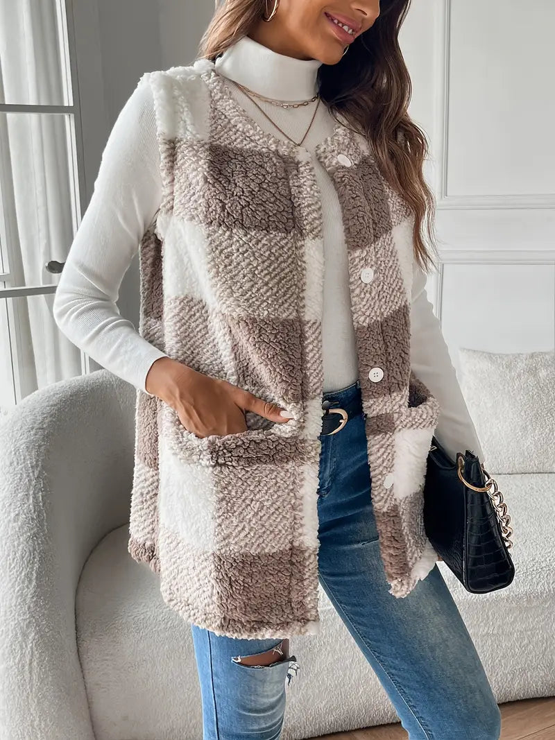 Casual Sleeveless Plaid Open Front Teddy Gilet