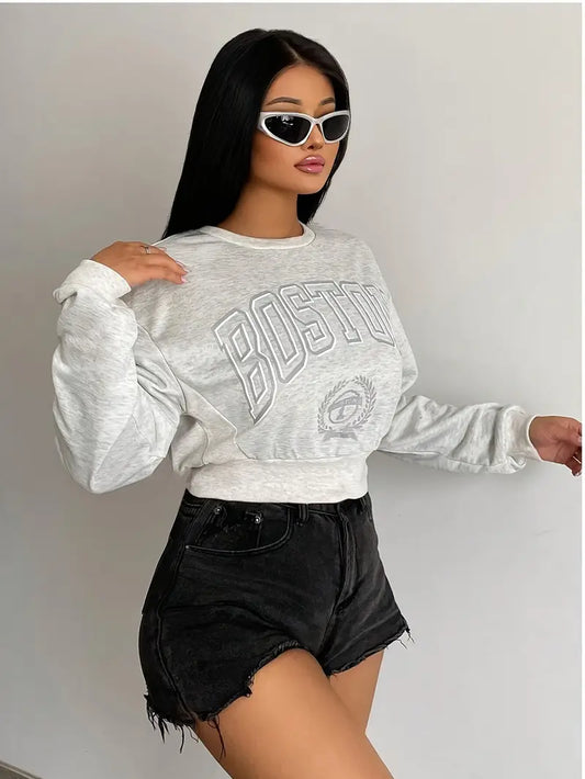 Boston Lettering Print Drop Shoulder Cropped Sweatshirt