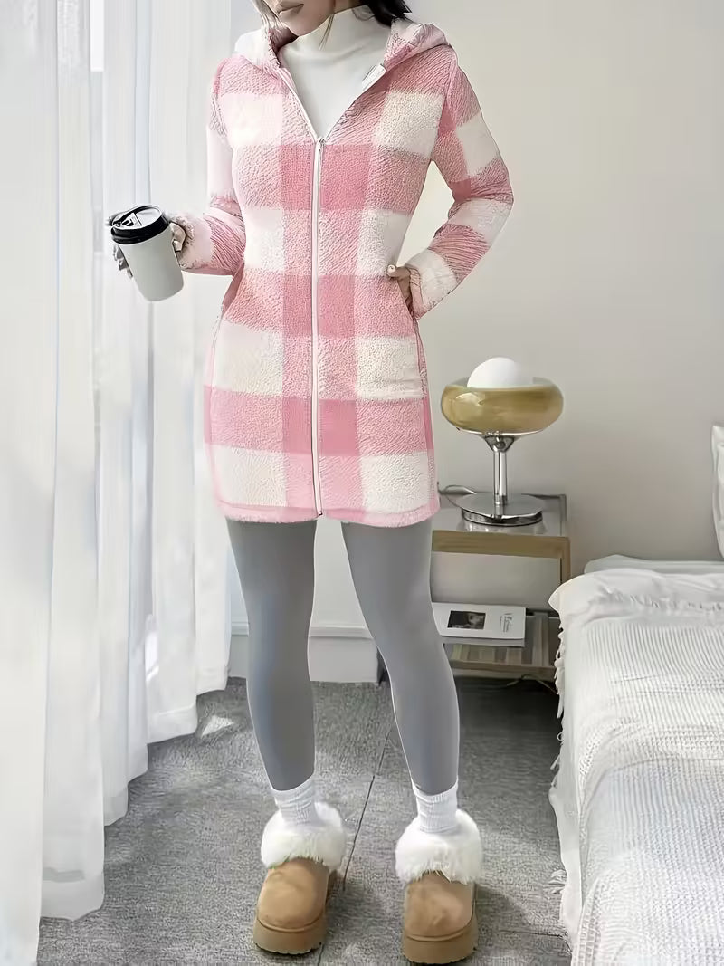 Plaid Patterned Reversible Plush Hooded Zip-Up Cardigan