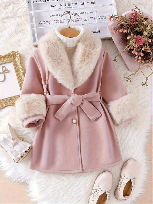 Princess-Style Beige Faux Fur-Lined Coat with Bow Detail