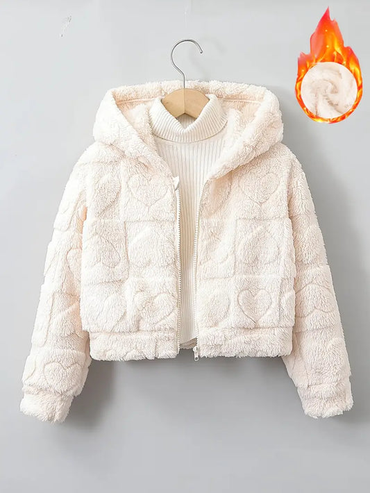 Teen Girls' Plush Fleece Jacket with Heart & Square Pattern