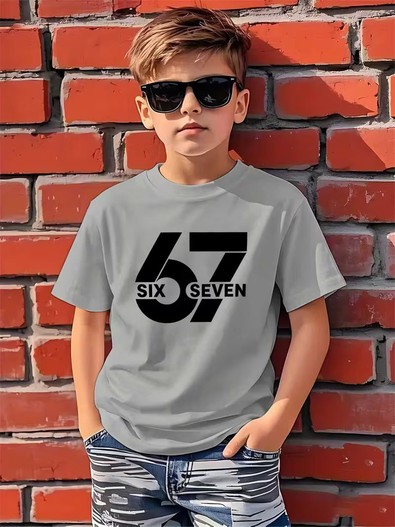 Boys' Casual Short Sleeve T-Shirt with "SIX SEVEN" Print