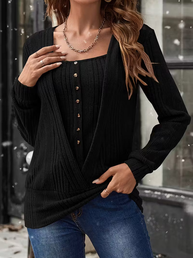 Women'S Elegant Ribbed Square Neck Blouse with Front Button Detail