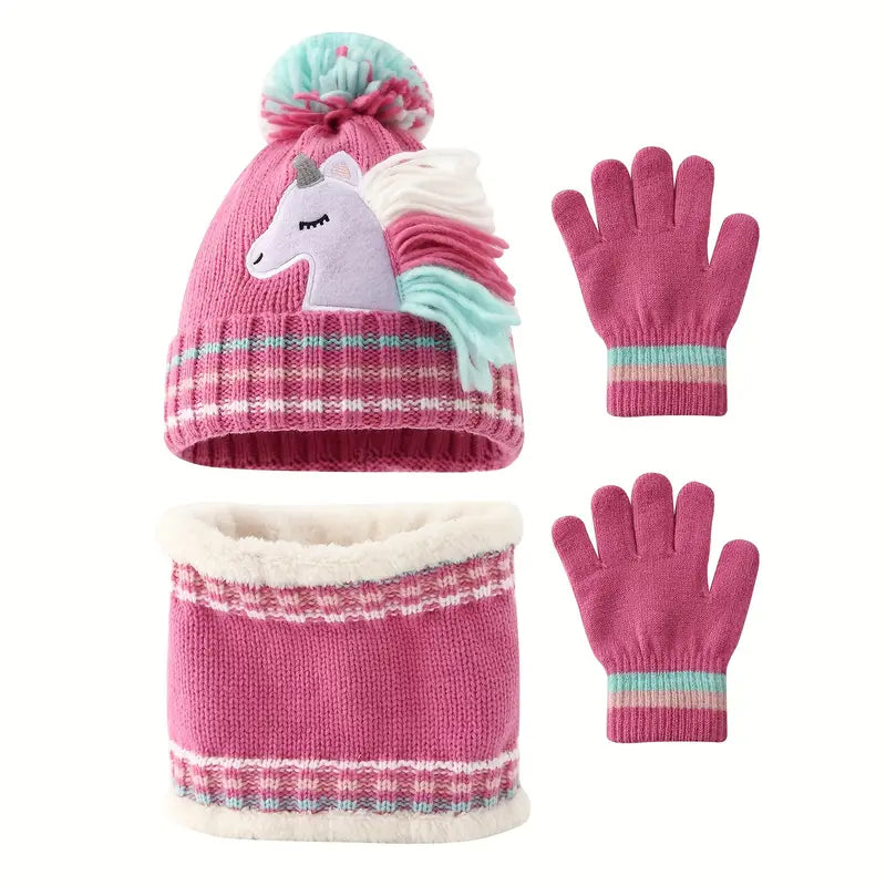 3pcs Set, White Cartoon Unicorn Knitted Hat, Scarf, Gloves for Girls