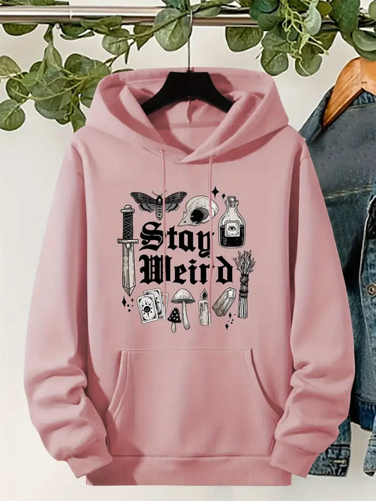 Cozy Gothic Mushroom & Wine Bottle Graphic Hoodie with Drawstring