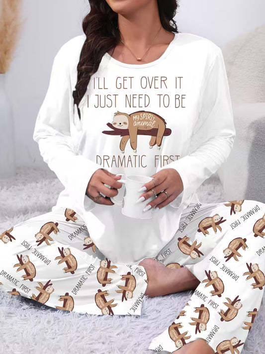 Plus Size Cute Sloth Print Long Sleeve Pyjamas