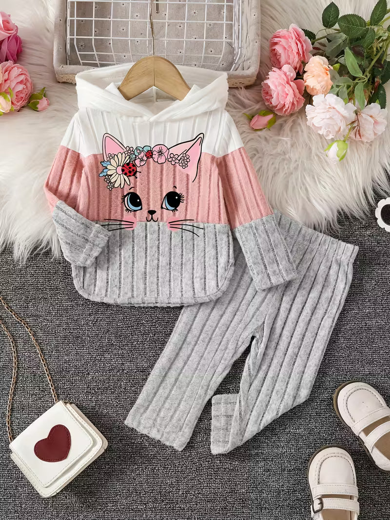 2pcs Girls' Winter Warm Hooded Sweater & Pants Set