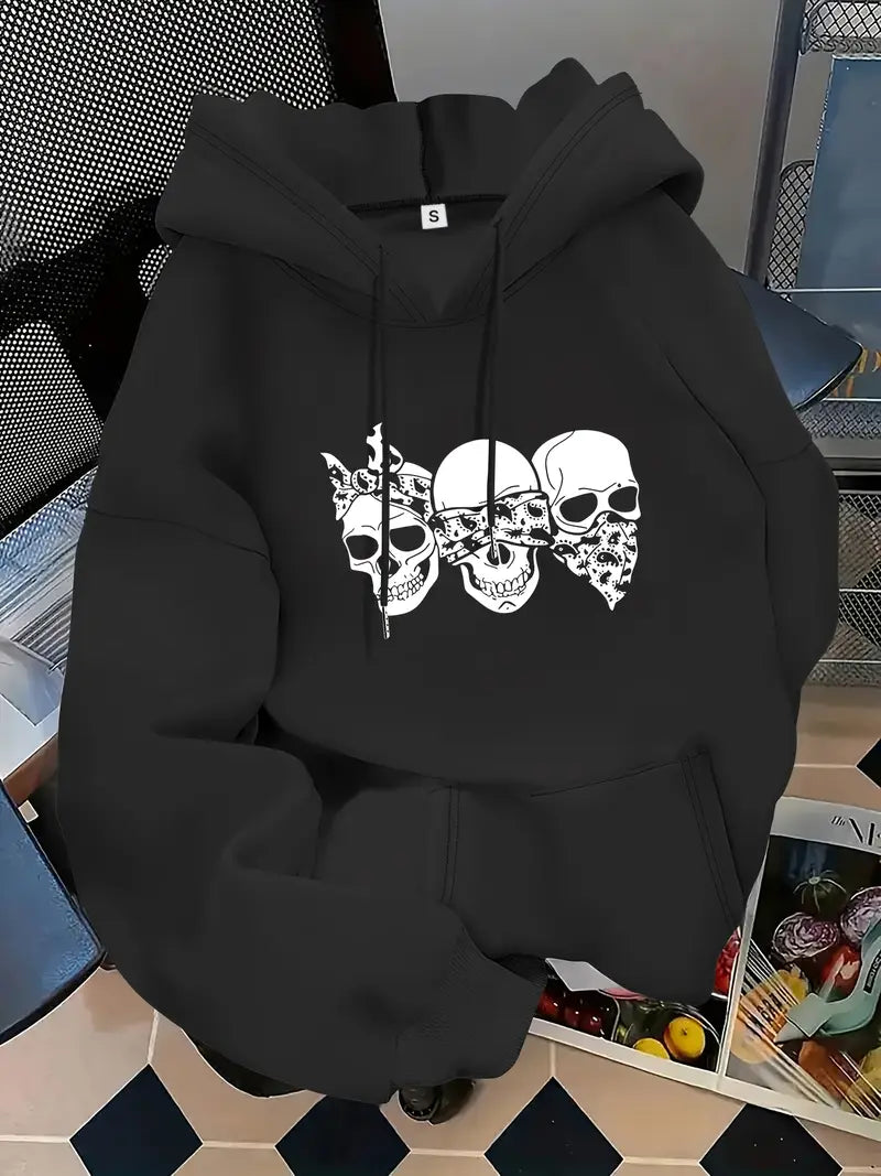 Women's Plus Size Black Gothic Skull & Letter Print Hooded Sweatshirt