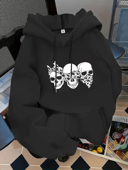 Women's Plus Size Black Gothic Skull & Letter Print Hooded Sweatshirt