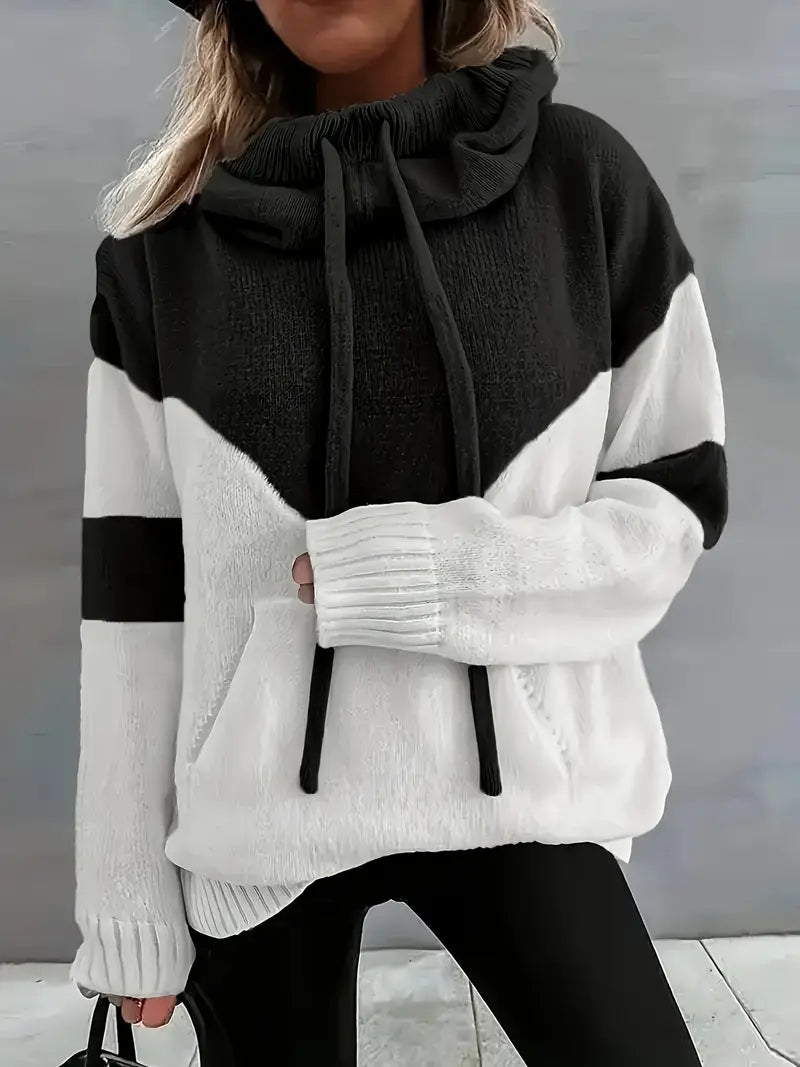 Elegant Fashion Autumn-Winter Color-Block Hooded Sweater