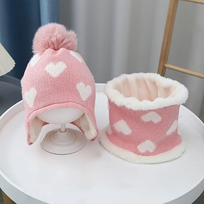 Girls Heart Cozy Fleece-Lined Knit Hat Set