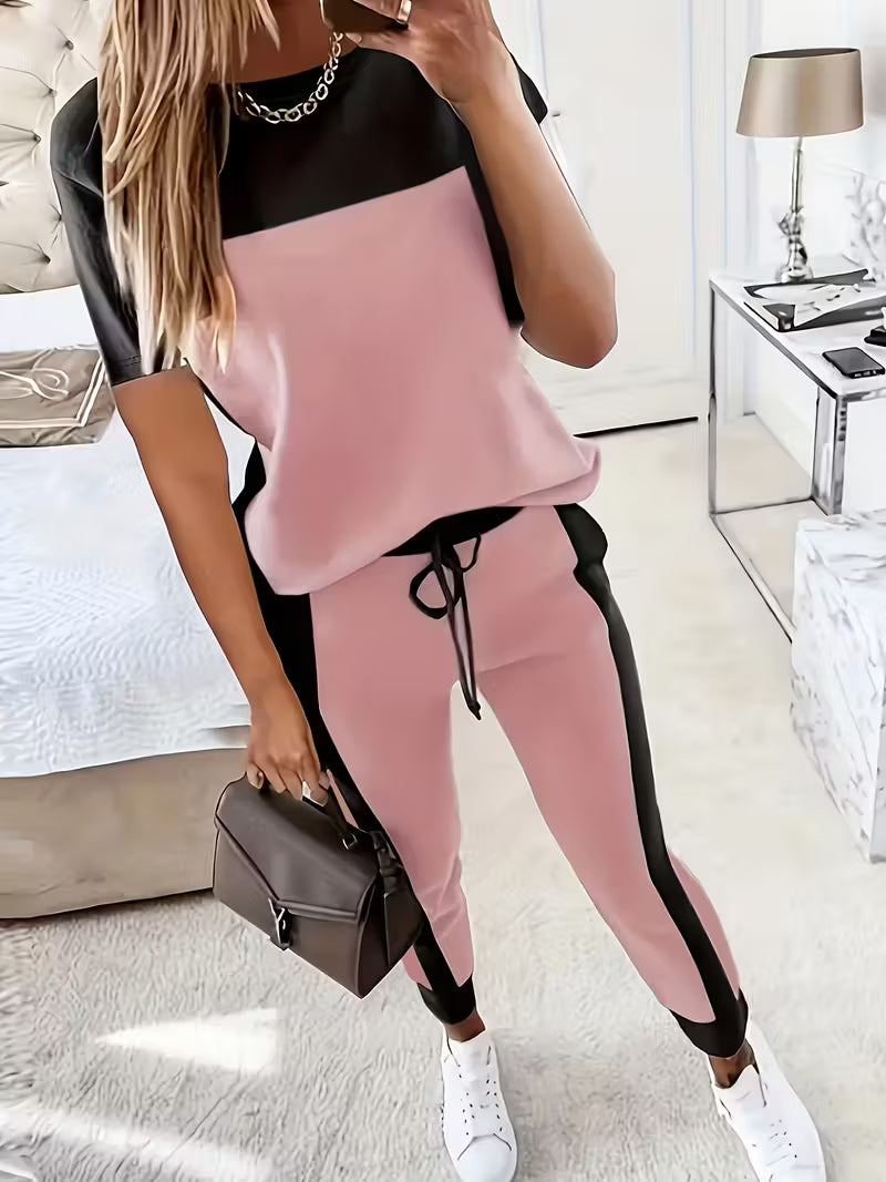Casual Elegant Color Block Round Neck Long Sleeve T-Shirt and Pants Two-Piece Set