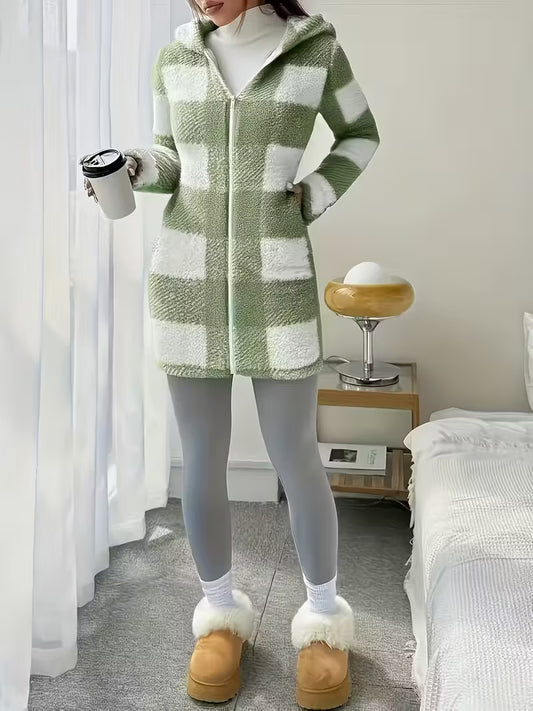 Plaid Patterned Reversible Plush Hooded Zip-Up Cardigan
