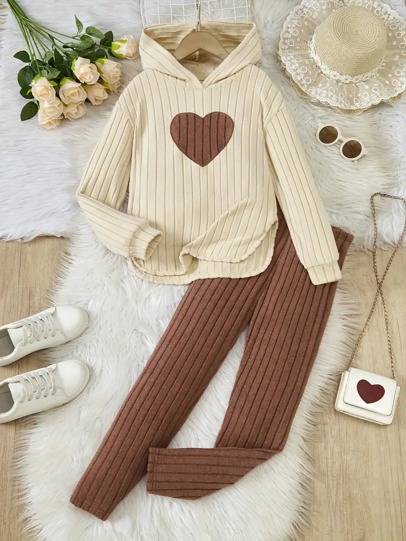 Fashion Casual Heart Embroidery Hoodie with Curved Hem + Long Pants