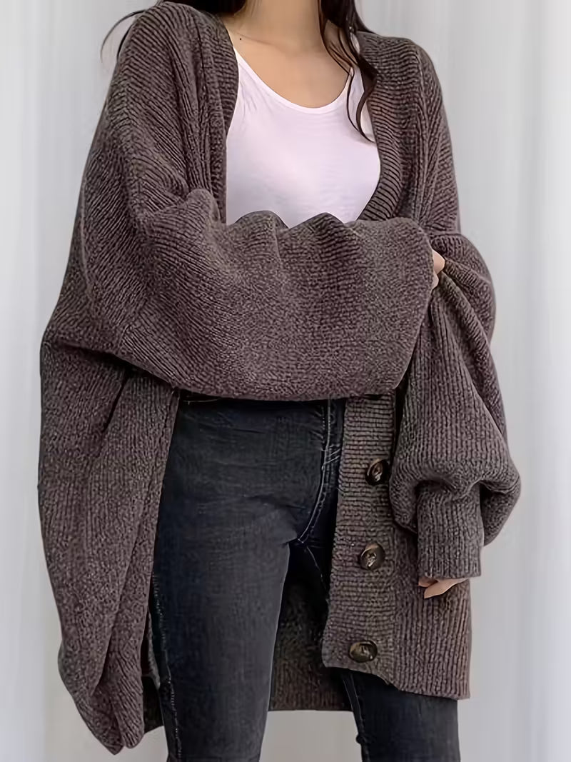 Plus Size Women'S Elegant Brown Cardigan with Bell Sleeves