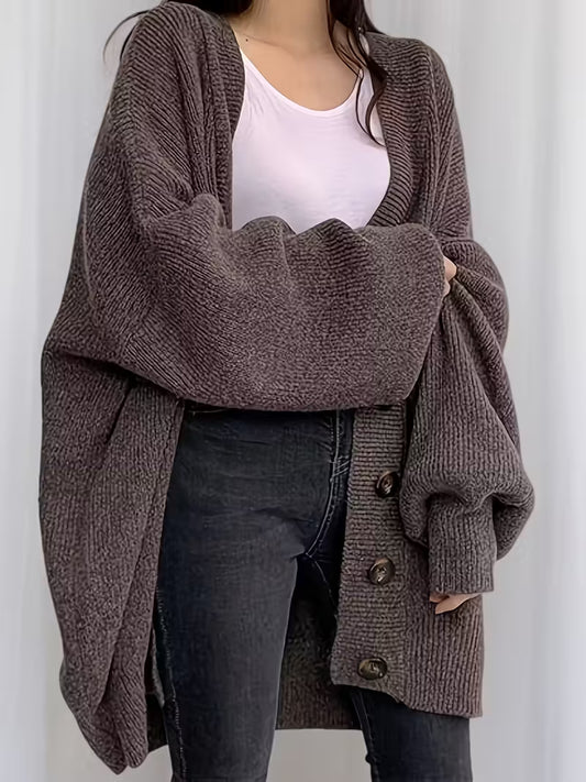 Plus Size Women'S Elegant Brown Cardigan with Bell Sleeves