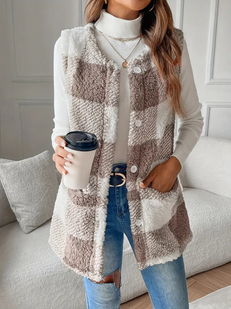 Casual Sleeveless Plaid Open Front Teddy Gilet