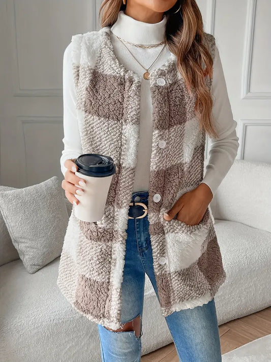 Casual Sleeveless Plaid Open Front Teddy Gilet