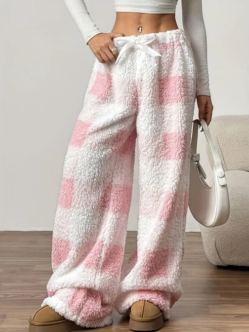 Women'S Cozy Double-Sided Plush Fleece Pants with Bow Detail