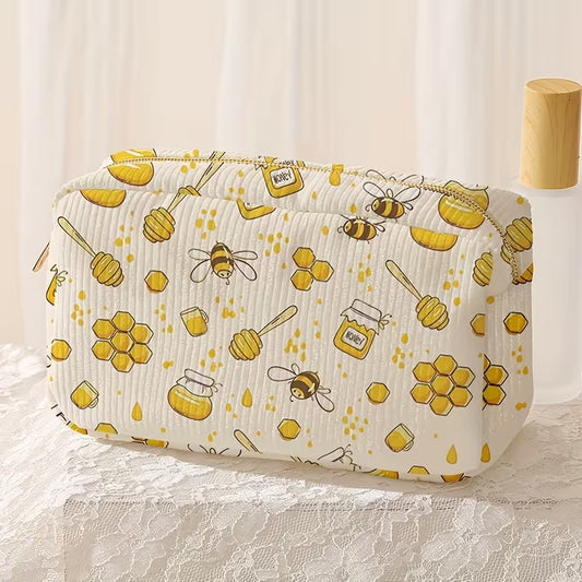 Bee & Honeycomb Print Thick Corduroy Makeup Bag