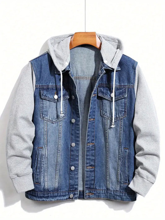 Men's Heavyweight Cotton Denim Hooded Jacket with Drawstring
