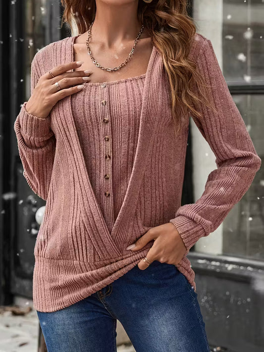 Women'S Elegant Ribbed Square Neck Blouse with Front Button Detail