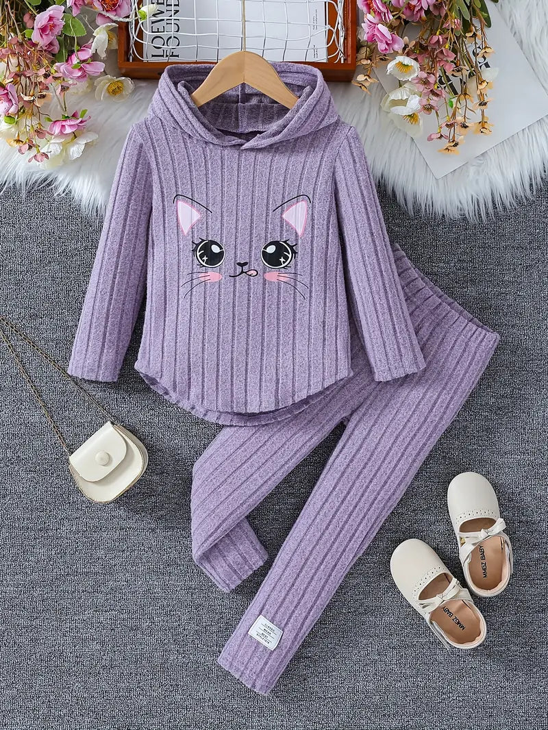 Cute Cat Face Girls' Hoodie and Pants Set