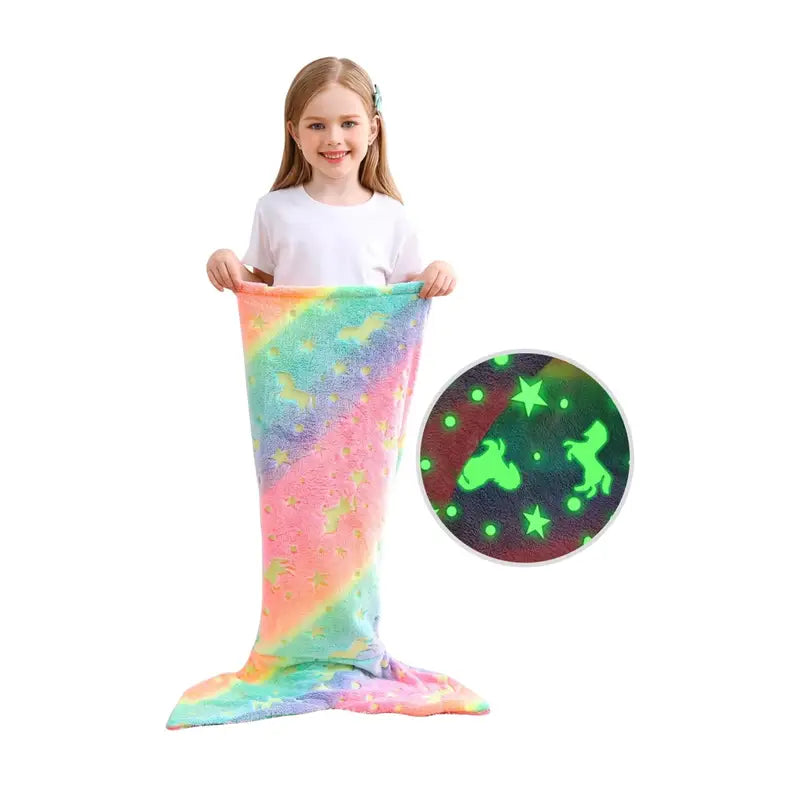 Glow In The Dark Cartoon Rainbow Unicorn Mermaid Tail Blanket