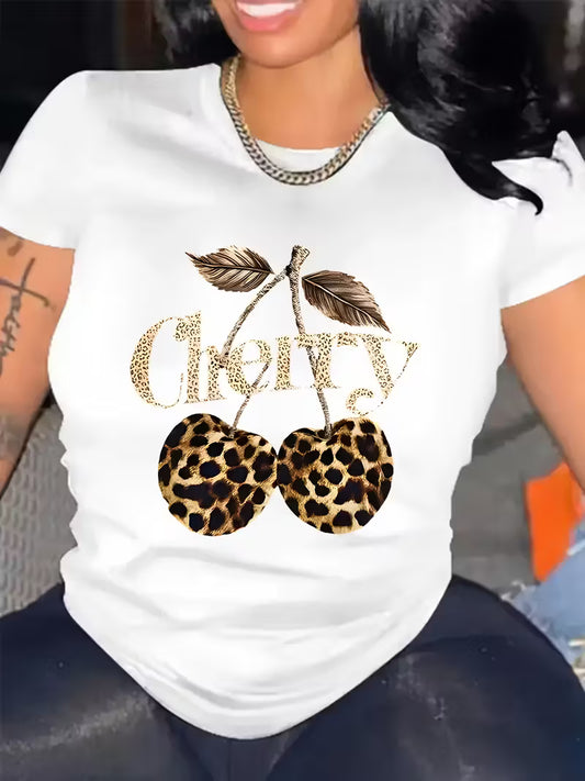 Plus Size Leopard Print Cherry Pattern Women's Fashion T-shirt