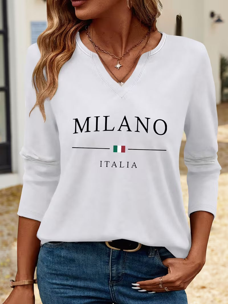 Women'S Casual V-Neck 3/4 Sleeve Milano Italia Letter Print Top