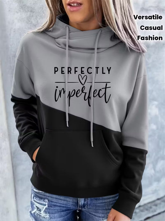 Women'S Casual Color Block Hoodie with "Perfectly Imperfect" Letter Print