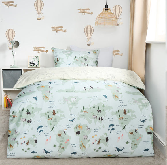 Kids World Map Print Reversible Duvet Cover Set - Blue/Green