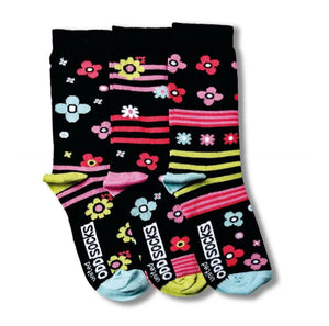 Oddsocks Mis-Matched Flower Vibrant floral stripes  UK 12-5.5 Girls Sock