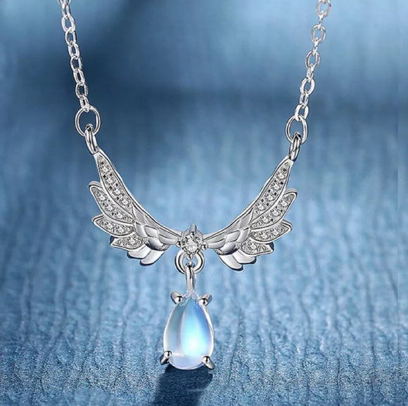 925 Sterling Silver Crystal Angel Wing Moonstone Pendant Necklace