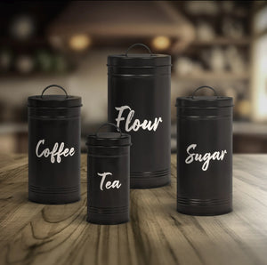 Set of 4 Airtight Flour Tea Coffee & Sugar Storage CanistersJars Kitchen, Black