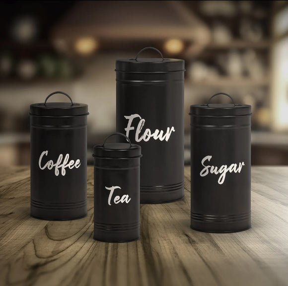 Set of 4 Airtight Flour Tea Coffee & Sugar Storage CanistersJars Kitchen, Black