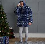 Adults Nordic Christmas Print Hoodie Blanket - Navy