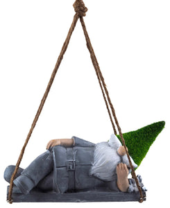 Gnome Snoozing On Swing - Hanging Garden Novelty Ornament - w/ Faux Grass Hat