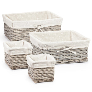 Set of 4 Rustic Wicker Storage Basket, Daisy Printed Lining