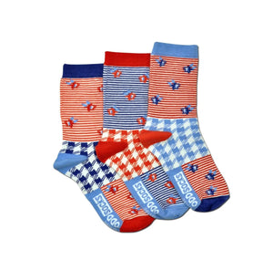 United Oddsocks Picnic Mis-Matched Stripes Floral Red Blue UK 12-5.5 Girls Socks