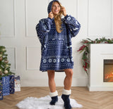 Adults Nordic Christmas Print Hoodie Blanket - Navy