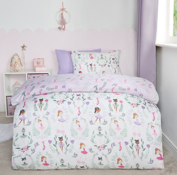 Ballerina Print Reversible Duvet Cover Set - Lilac/White