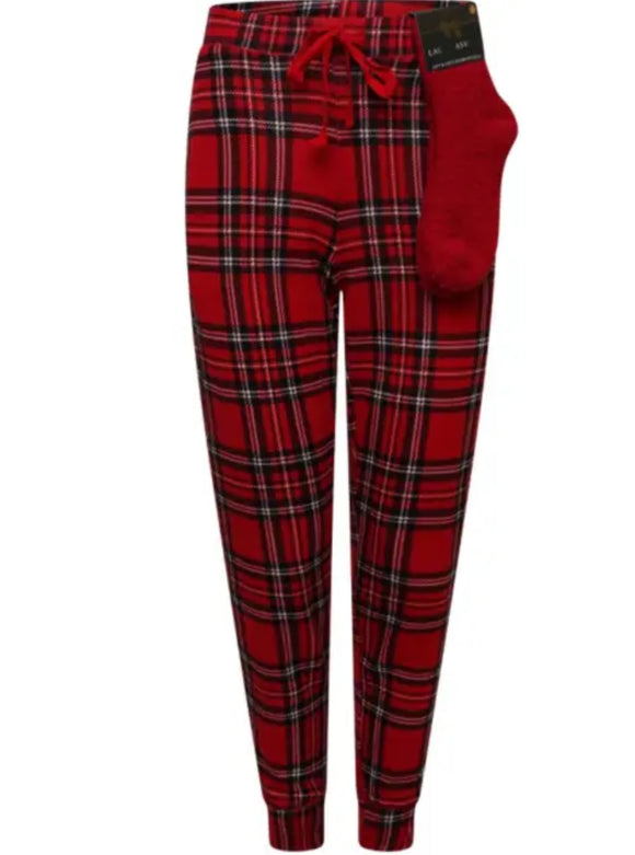 Ladies PJ Bottoms & Socks Set Red Check Lounge Wear