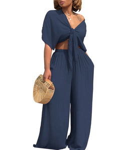 Wide Leg Trousers and Bow Tied Top Set