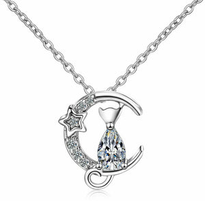 Crystal Moon Cat Pendant Chain Necklace