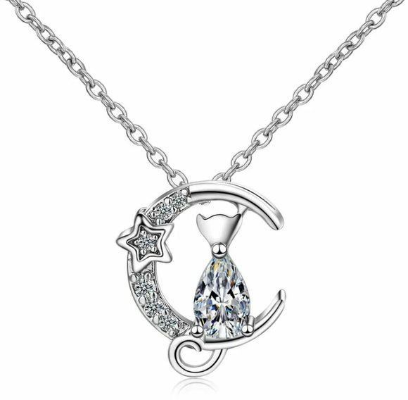 Crystal Moon Cat Pendant Chain Necklace