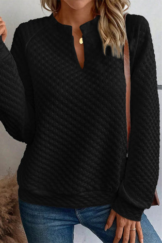 Split Neck Quilted Long Sleeve Top
