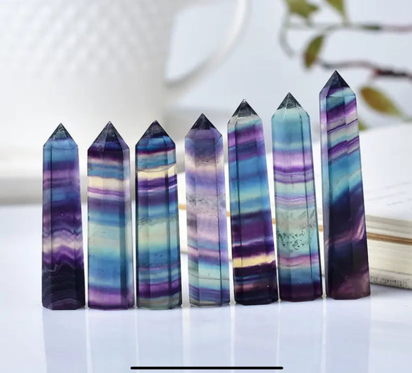 Natural Rainbow Fluorite Quartz Crystal Wand Point Healing Stone